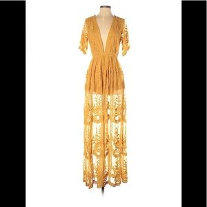 Mustard yellow crochet lace romper maxi dress